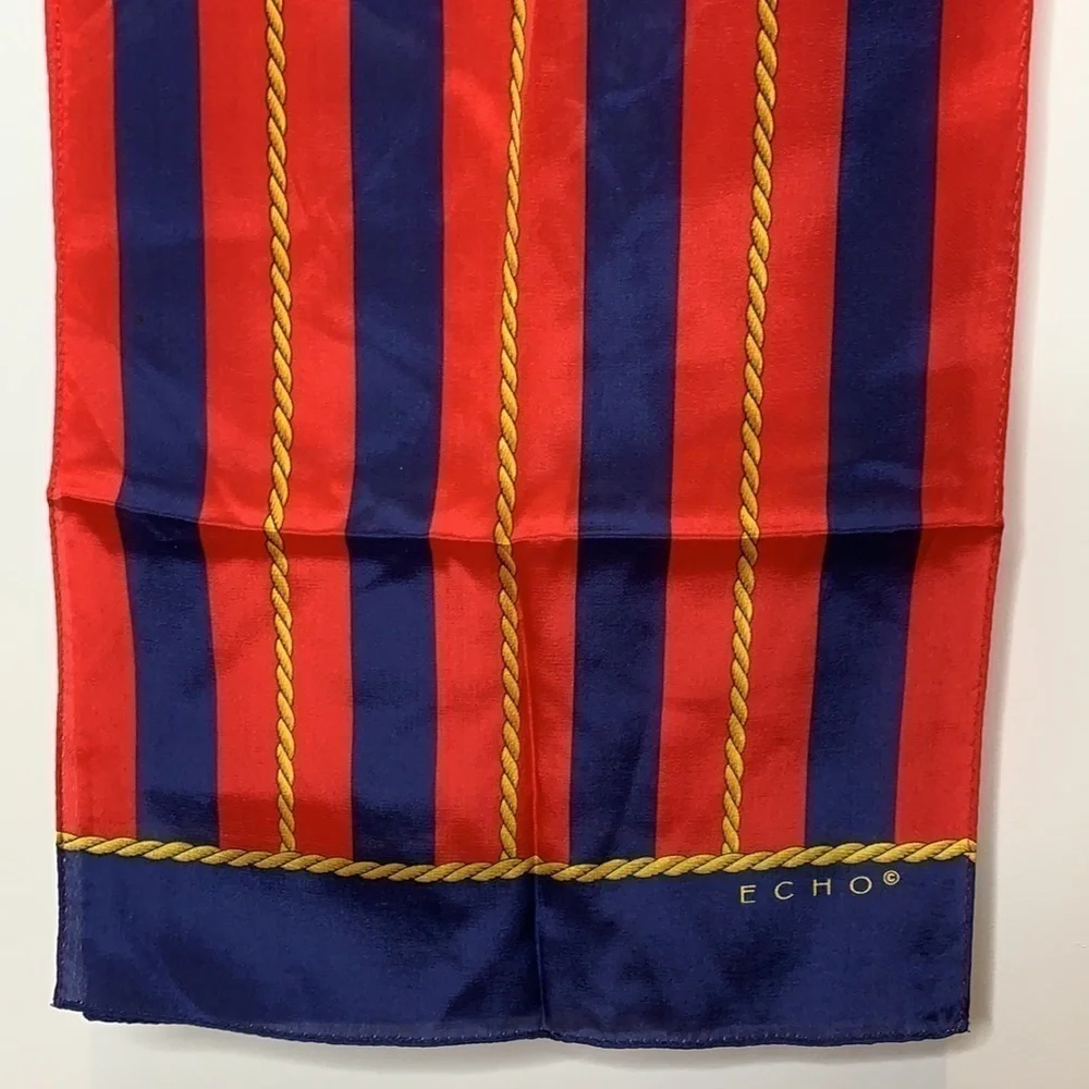 Echo || Silk Nautical Red Blue Striped with Gold Rope Design Scarf 10 1/2” x 52”